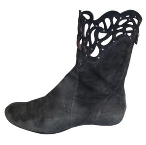 Earthies Women's Dark Gray Leather Slouchy Boots Studded Straps Boho Sz 8.5